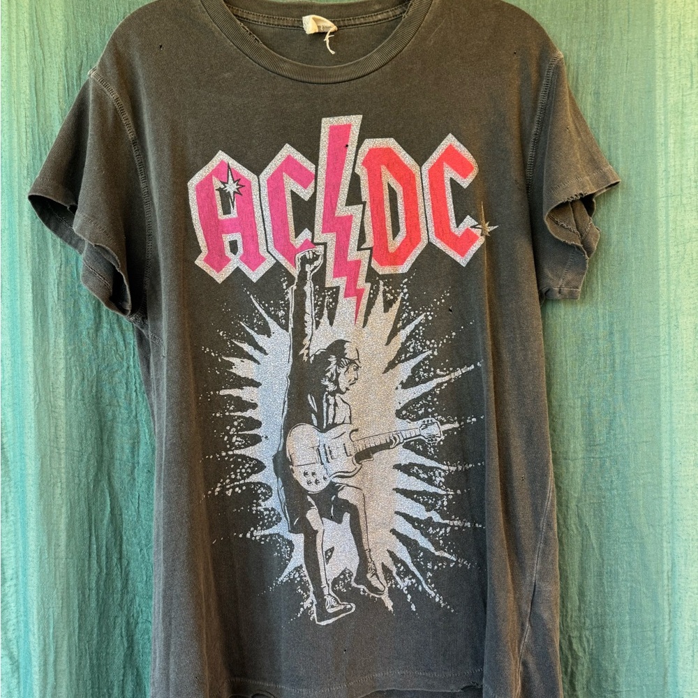 MadeWorn Gray AC/DC Distressed Graphic Tee